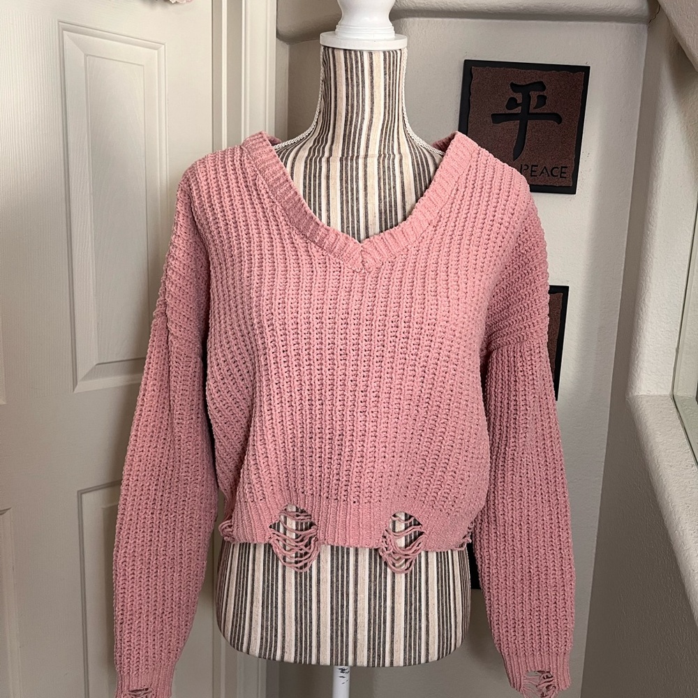 Aeropostal Sweet&Sinful Blush Pink Knitted Distressed V-neck Sweater Size Large